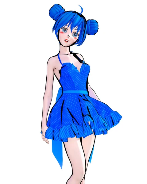 3D性感动漫娃娃日本女孩大大的蓝眼睛亮丽的妆容 蓝色肥大的短裙 概念时尚艺术 孤立渲染 — 图库照片