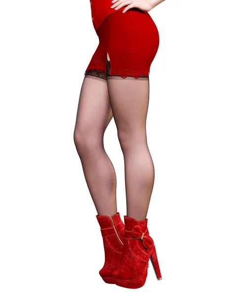 Beautiful Female Leg Red Short Mini Skirt Stockings Summer Clothes — Stock Photo, Image