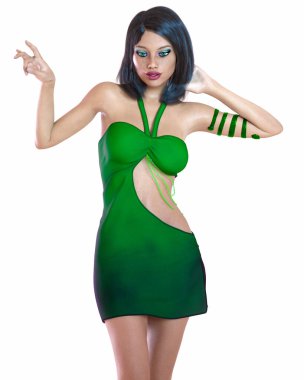 Güzel kadın kısa gece mini elbisesi. Daha iyi kıyafetler koleksiyonu. Parlak makyaj. Kadın stüdyo fotoğrafı. Kavramsal moda sanatı..