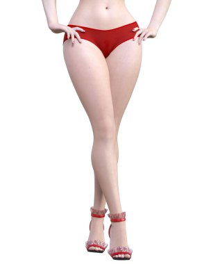 Üç boyutlu güzel seksi kadın bacakları kırmızı pantolon ve sandaletler. Stüdyo fotoğrafı. Yüksek topuklu. Kavramsal moda sanatı.