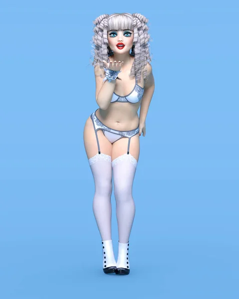 느릅나무 인형크고 Woman Cabaret Retro Style White Bikini Garter Fishing — 스톡 사진