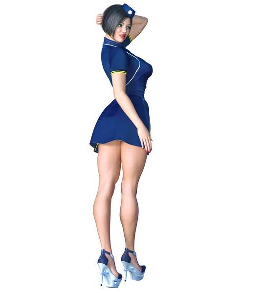 Beautiful Woman Stewardess Air Hostess Flight Girl Short Blue Dress — Stock Photo, Image