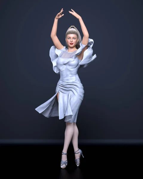 3Dバレリーナは 古典舞踊を踊ります ブロンドの髪の女の子の青い目 白いドレスとストッキング バレエストリートダンサー スタジオ写真 コンセプチュアルなファッションアート レンダリングイラスト — ストック写真