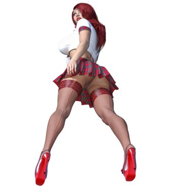 Güzel, genç, kızıl saçlı bir kadın poz veriyor. Kısa kırmızı etek kafesi, çoraplar, ayakkabılar, beyaz bluz. Uzun saç.