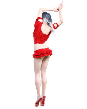 Güzel kadın kırmızı mini eteği. Parlak makyaj. Stüdyo fotoğrafı. Kavramsal moda sanatı. Baştan çıkarıcı pozlar..