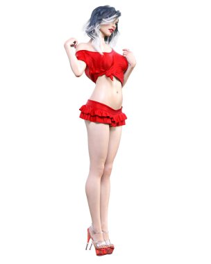 Güzel kadın kırmızı mini eteği. Parlak makyaj. Stüdyo fotoğrafı. Kavramsal moda sanatı. Baştan çıkarıcı pozlar..