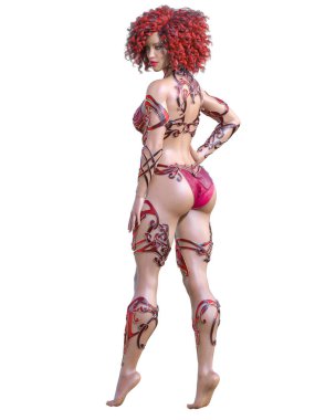 Savaşçı Amazon kadın. Uzun saçlı. Kaslı atletik vücut. Açık sözlü, kışkırtıcı bir duruş sergileyen bir kız. Kavramsal moda sanatı. 3D görüntüyü izole et. Merhaba anahtar..