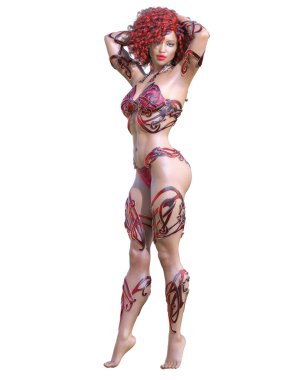 Savaşçı Amazon kadın. Uzun saçlı. Kaslı atletik vücut. Açık sözlü, kışkırtıcı bir duruş sergileyen bir kız. Kavramsal moda sanatı. 3D görüntüyü izole et. Merhaba anahtar..