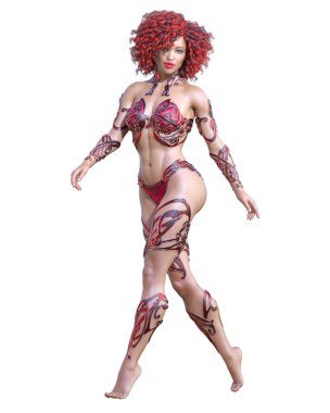 Savaşçı Amazon kadın. Uzun saçlı. Kaslı atletik vücut. Açık sözlü, kışkırtıcı bir duruş sergileyen bir kız. Kavramsal moda sanatı. 3D görüntüyü izole et. Merhaba anahtar..