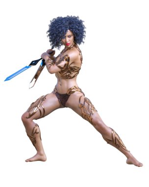 Kılıçlı savaşçı Amazon kadın. Uzun saçlı. Kaslı atletik vücut. Açık sözlü, kışkırtıcı bir duruş sergileyen bir kız. Kavramsal moda sanatı. 3D görüntüyü izole et. Merhaba anahtar..
