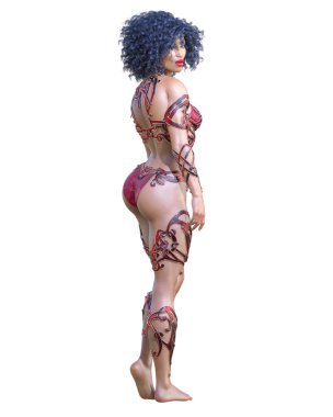 Savaşçı Amazon kadın. Uzun saçlı. Kaslı atletik vücut. Açık sözlü, kışkırtıcı bir duruş sergileyen bir kız. Kavramsal moda sanatı. 3D görüntüyü izole et. Merhaba anahtar..