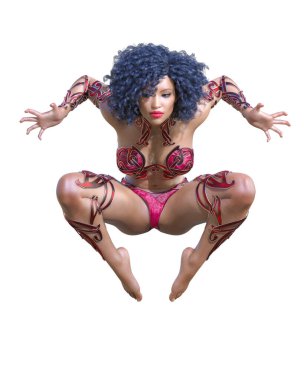 Savaşçı Amazon kadın. Uzun saçlı. Kaslı atletik vücut. Açık sözlü, kışkırtıcı bir duruş sergileyen bir kız. Kavramsal moda sanatı. 3D görüntüyü izole et. Merhaba anahtar..