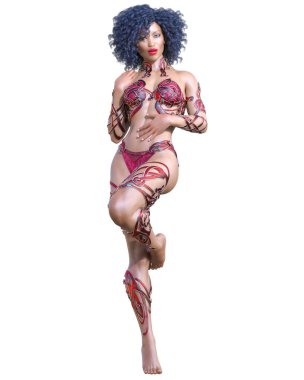 Savaşçı Amazon kadın. Uzun saçlı. Kaslı atletik vücut. Açık sözlü, kışkırtıcı bir duruş sergileyen bir kız. Kavramsal moda sanatı. 3D görüntüyü izole et. Merhaba anahtar..
