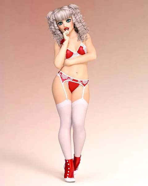 女性のキャバクラレトロスタイルの赤ビキニガーターフィッシュネットストッキング コンセプチュアルなファッションアート 誘惑率直な立場 レンダリングイラスト — ストック写真