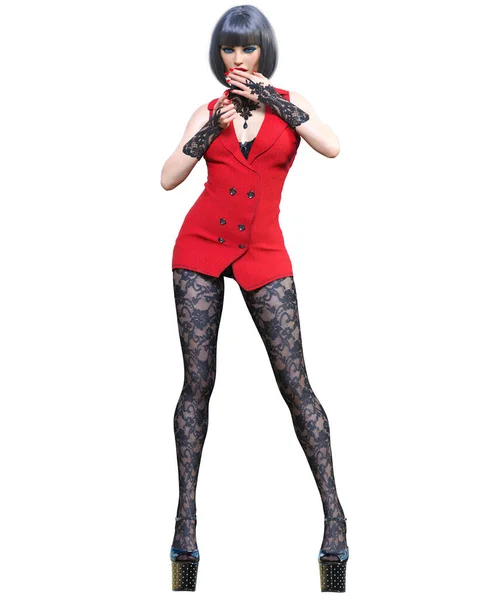 Schöne Sexy Frau Rotes Super Minikleid Und Schwarze Strumpfhose Woman — Stockfoto