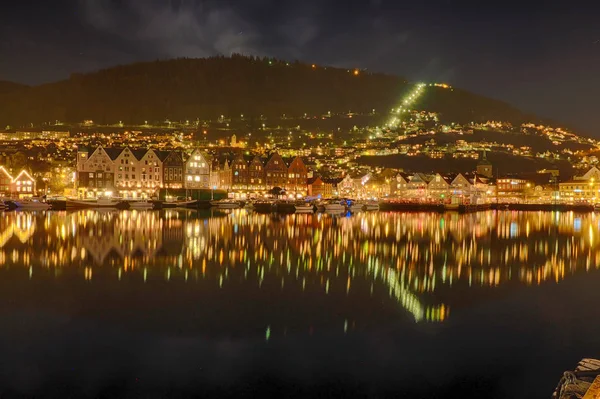 Panoramatický Pohled Bergenu Norsku Noci — Stock fotografie