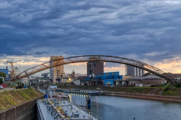 Porto Exterior Pelo Reno Duisburg Pôr Sol — Fotografia de Stock