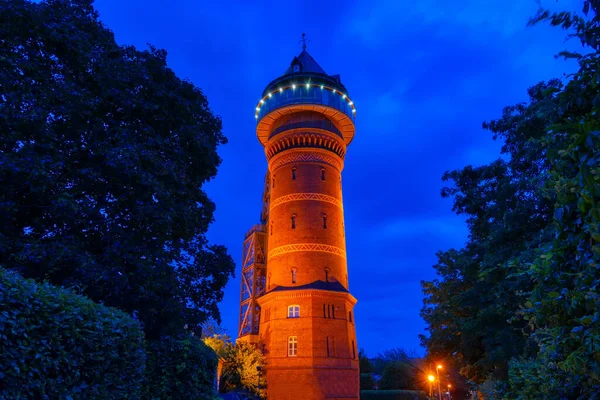 Torre Água Histórica Iluminada Styrum Alemanha Noite — Fotografia de Stock