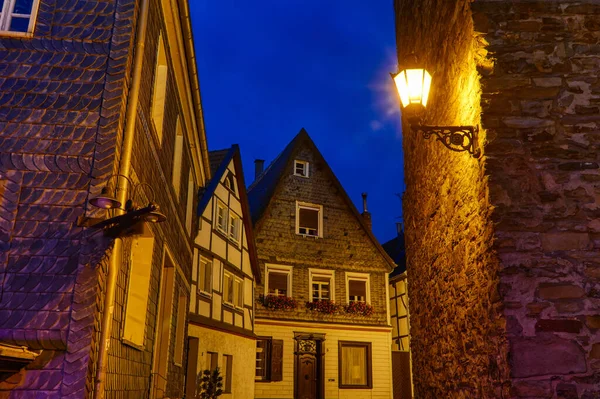 Slate and half-timber facades in the historical centre of Essen Kettwig at night