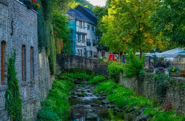 Almanya 'da Bad Munstereifel' de nehir ve tarihi yarım kereste evi.
