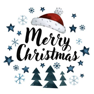 Noel Baba şapkası, yıldız, kar, suluboya ile Noel tebrik kartı