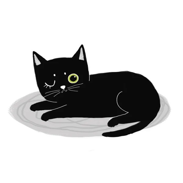Чорний Кіт Спить Килимі — стокове фото