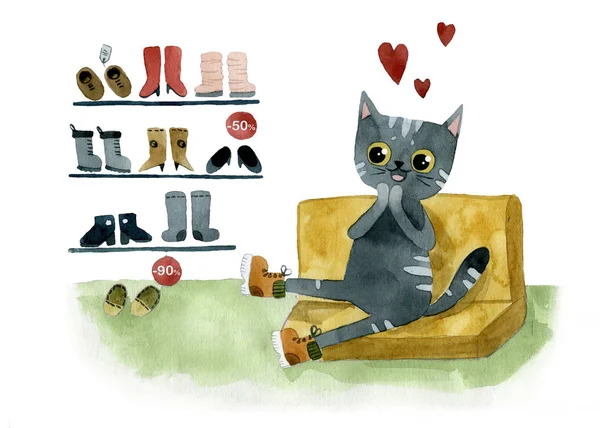 灰色の猫とブーツの水彩画 — ストック写真