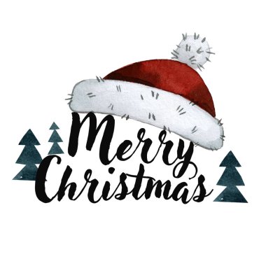 Santa şapka ve Noel ağaçları, suluboya ile Noel tebrik kartı