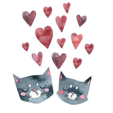 gri kedi öp, birçok pembe mor mavi kalpler, suluboya resim