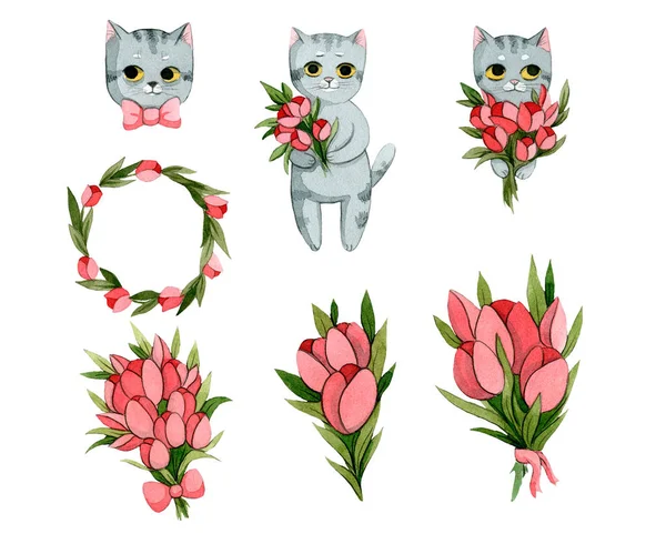 Kočky Květinami Kytice Věnce Tulipánů — Stock fotografie