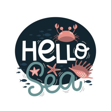 Merhaba deniz harfleri, yengeç ve balık, yumuşakçalar ve deniz yıldızı, vektör çizimi