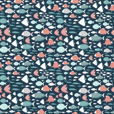 Çok farklı egzotik balıklar, deniz okyanusu pürüzsüz desenler, çizgi film vektör çizimleri.