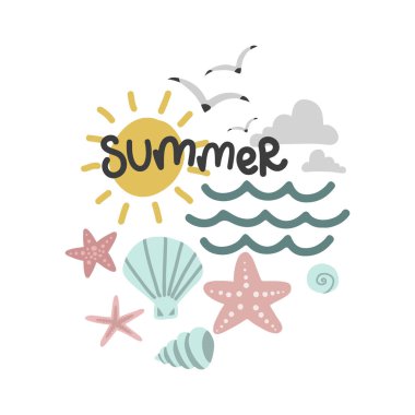 Yaz seti, güneş ve martılar, yumuşakçalar ve deniz yıldızları, vektör tasarım şablonu, harf çizimi
