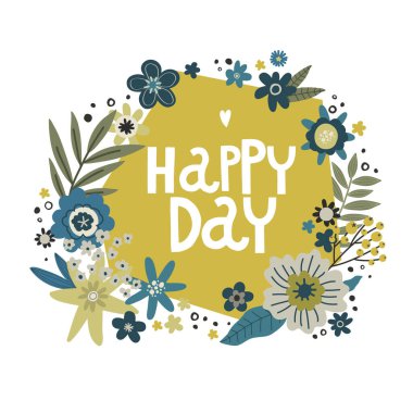 Çiçek buketi, harf mutluluk günü, vektör el tebrik kartı şablonu çiziyor