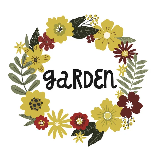 Flores grinalda, lettering jardim, vetor mão desenho cartão modelo —  Vetores de Stock