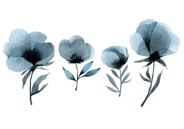Flores Plantas Conjunto Indigo Azul Desenho Mão Aquarela Ilustração — Fotografia de Stock