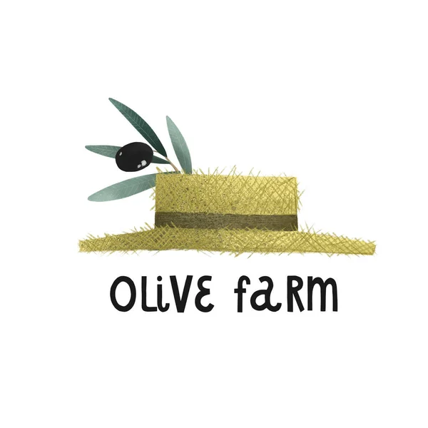 straw hat, olive on a branch, green lettering organic nature illustration, hand drawing