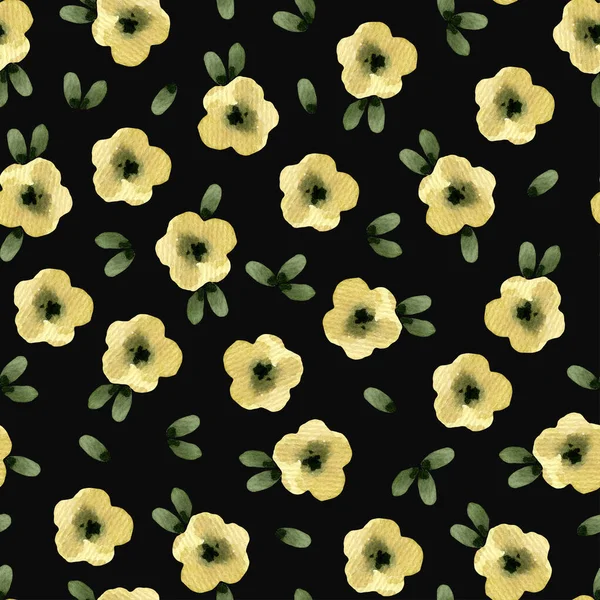 Sarı çiçekler, yapraklar ve bitkiler, botanik suluboya çizimi, kusursuz desenli arkaplan