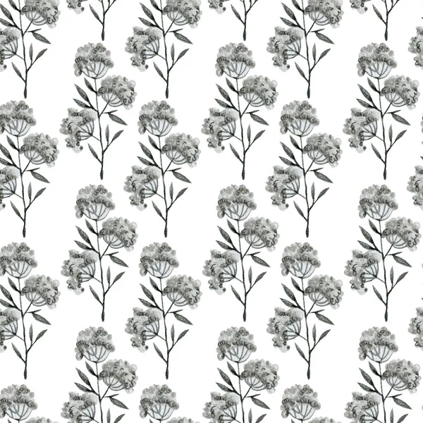 Монохромные Серые Растения Листья Ветвей Цветов Рисунок Карандашом Бесшовный Узор — стоковое фото