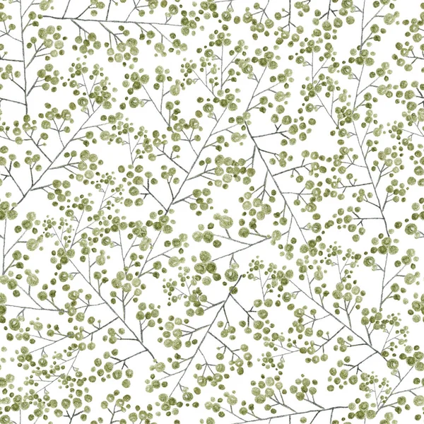 Ветви Зеленых Листьев Цветы Рисунок Карандашом Бесшовный Узор — стоковое фото
