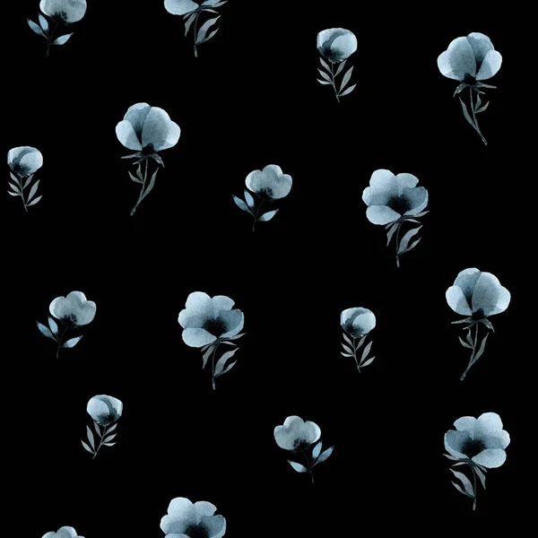 Blumen Und Pflanzen Blaues Indigo Nahtloses Muster Aquarell Handzeichnung Illustration — Stockfoto