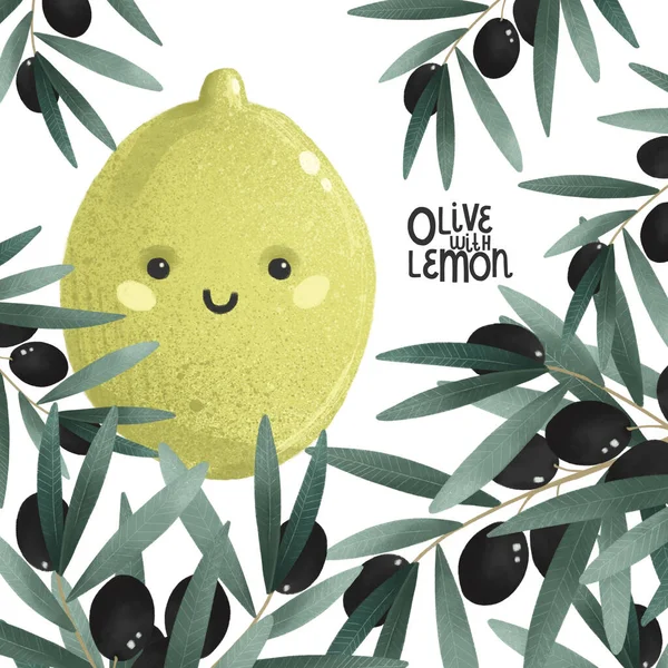 Caractère Olives Mignon Avec Visage Citron Lettrage Vert Bio Illustration — Photo