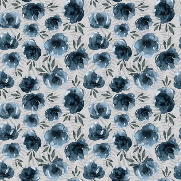Голубые Цветы Ветви Бесшовные Растения Индиго Рисунок Акварелью Вручную — стоковое фото
