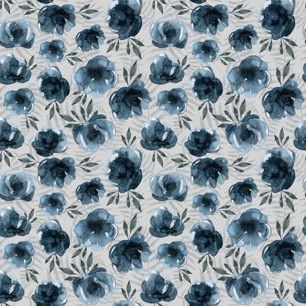 blue flowers and branches, indigo plants seamless pattern, watercolor vintage hand drawing illustration