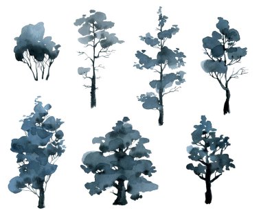 Mavi ağaçlar orman dalları, suluboya el çizimi