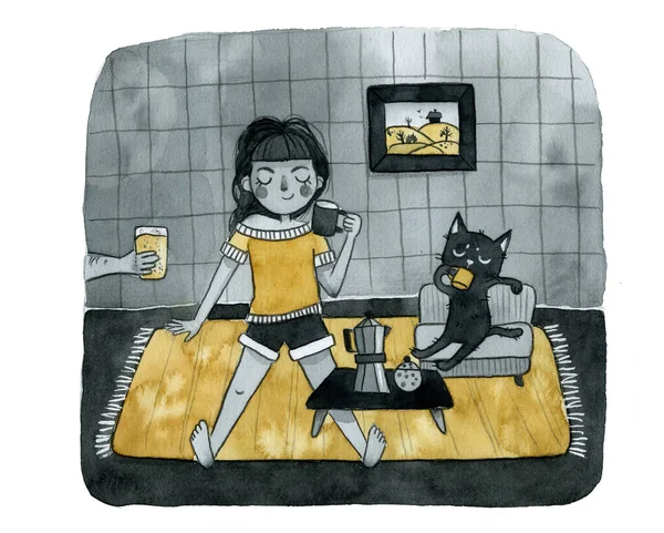 Fekete Macska Lány Inni Kávét Szőnyegen Akvarell — Stock Fotó