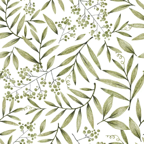 Ветви Зеленых Листьев Цветы Рисунок Карандашом Бесшовный Узор — стоковое фото