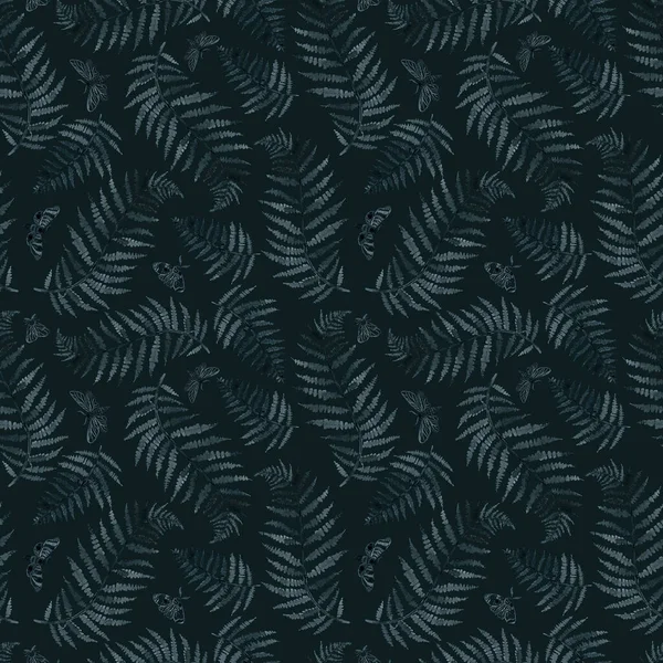 indigo fern and moths branch blue indigo watercolor hand drawing seamless pattern illustration