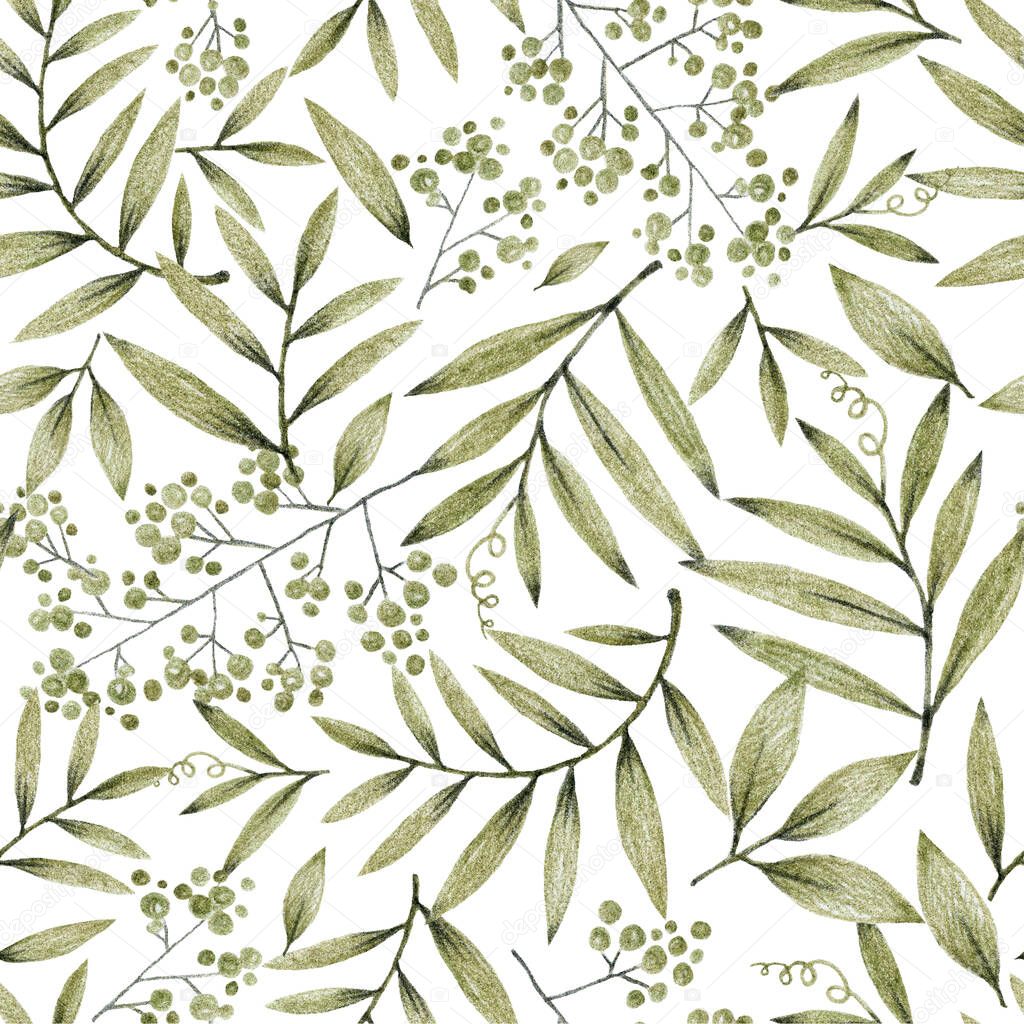 green leaves branches and flowers, freehand drawing in pencil illustration, seamless pattern