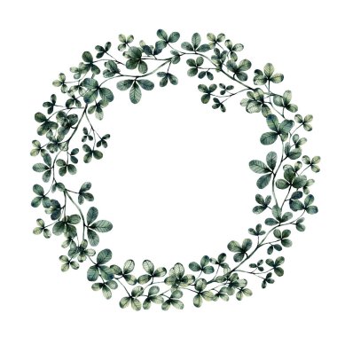 Yonca suluboya yeşil bitkisel organik çerçeve yuvarlak çizim, el çizimi